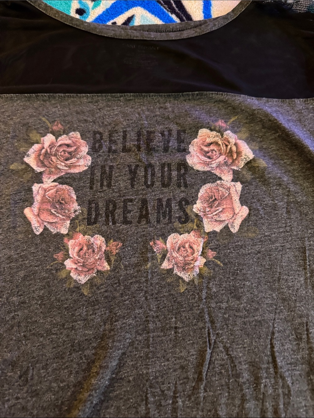 Lane Bryant Charcoal Gray Tee with Black Yoke and Pink Floral Graphic - Picture 2 of 4